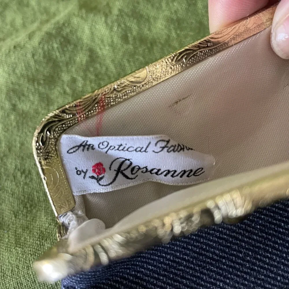 70s Vintage Navy Blue Denim & Gold Kisslock Eyeglass Case With Brass Studs